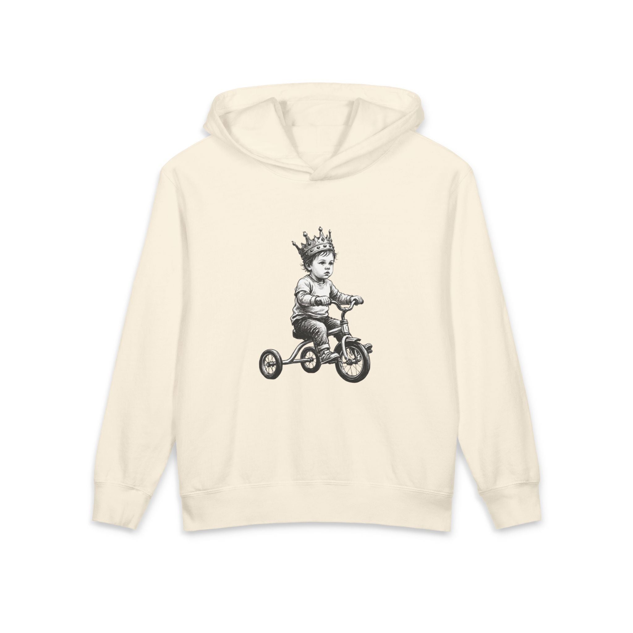 New Prince Youth Hoodie — Crowned Kid Tricycle Graphic, front view