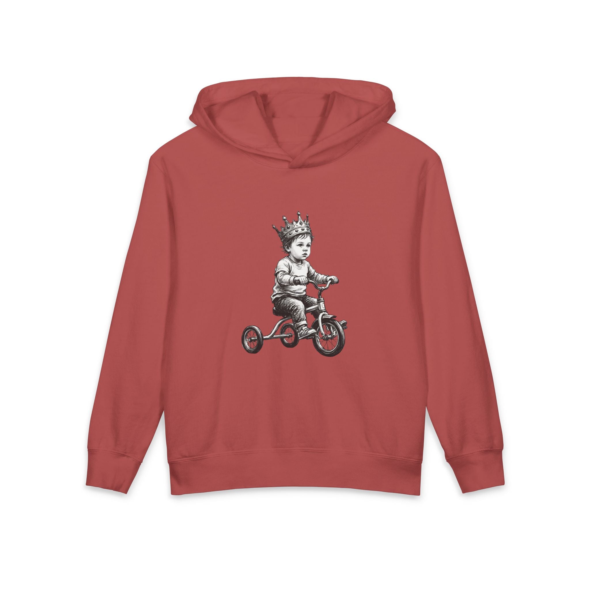 New Prince Youth Hoodie — Crowned Kid Tricycle Graphic, styled photo 3