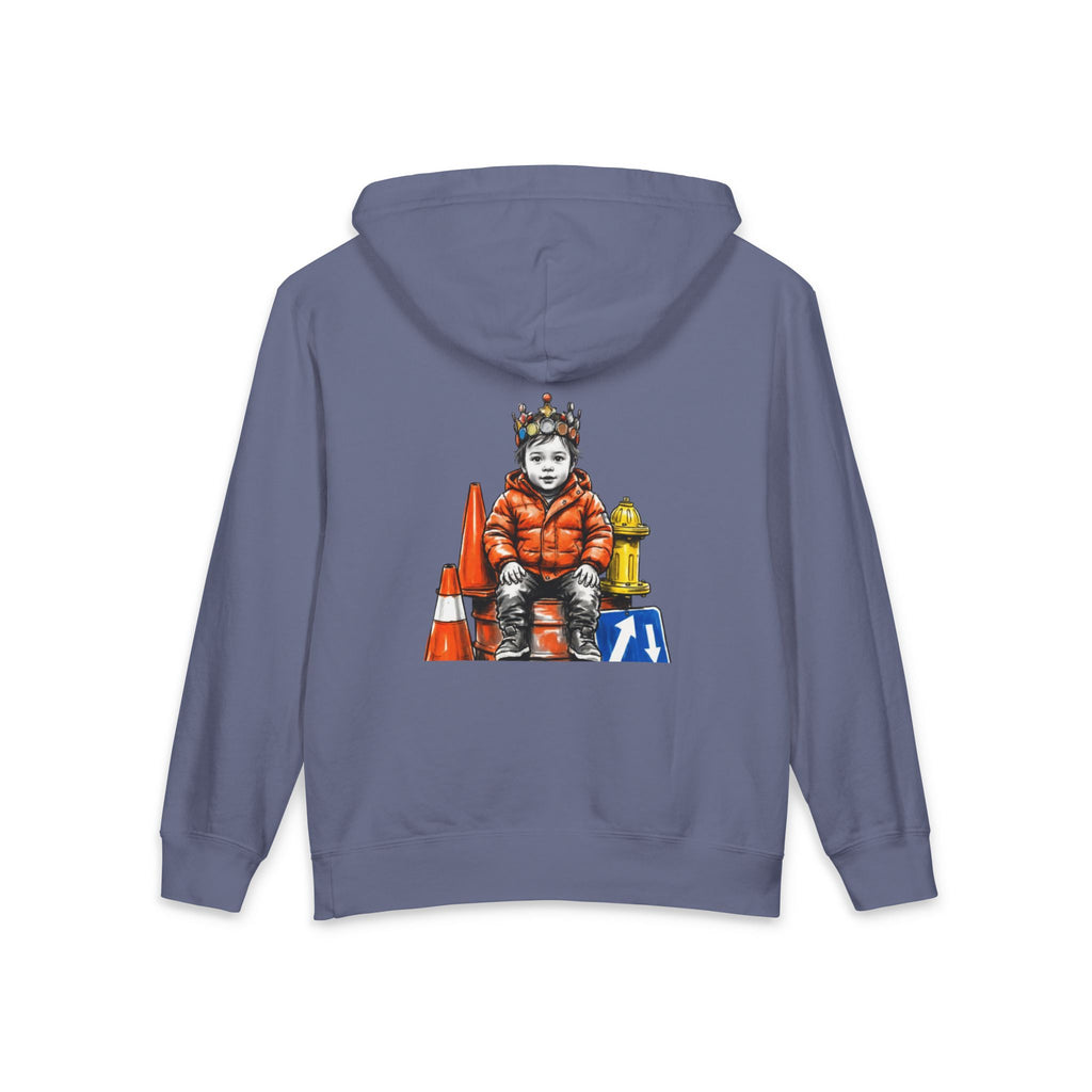 New Prince Youth Hoodie — Crowned Kid Tricycle Graphic, styled photo 8
