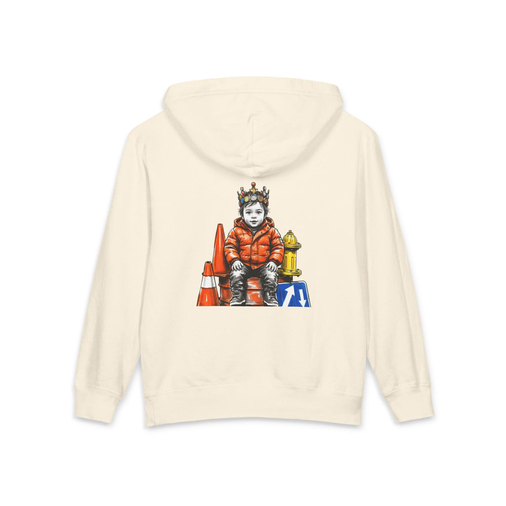 New Prince Youth Hoodie — Crowned Kid Tricycle Graphic, styled photo 4