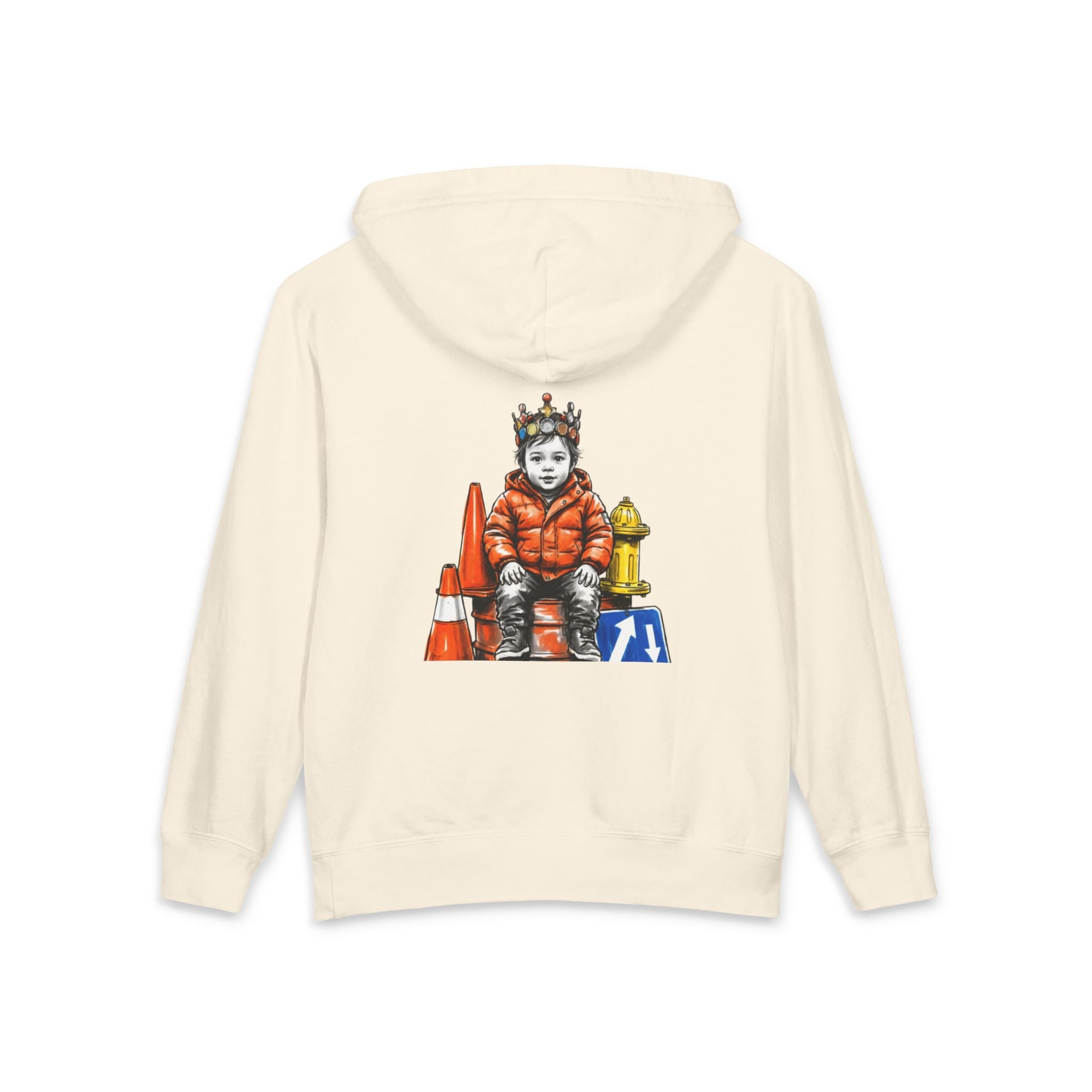 New Prince Youth Hoodie — Crowned Kid Tricycle Graphic, styled photo 4