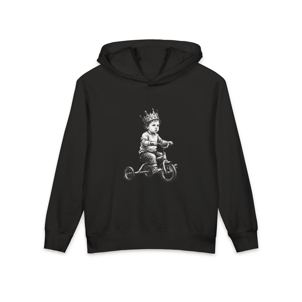 New Prince Youth Hoodie — Crowned Kid Tricycle Graphic, styled photo 2