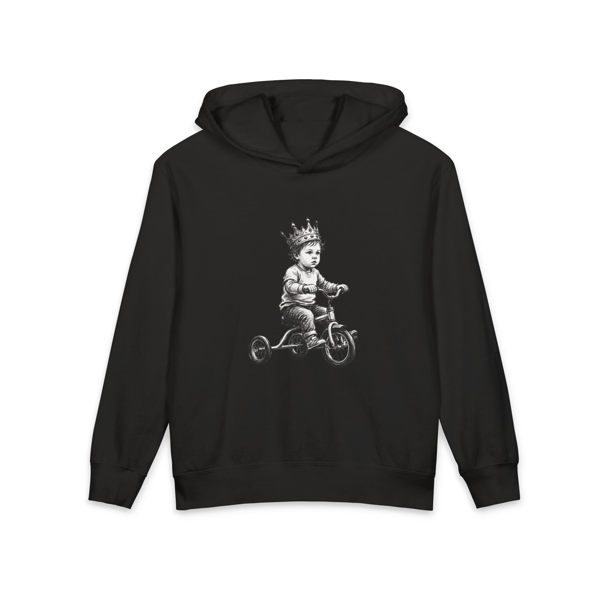 New Prince Youth Hoodie — Crowned Kid Tricycle Graphic, styled photo 2