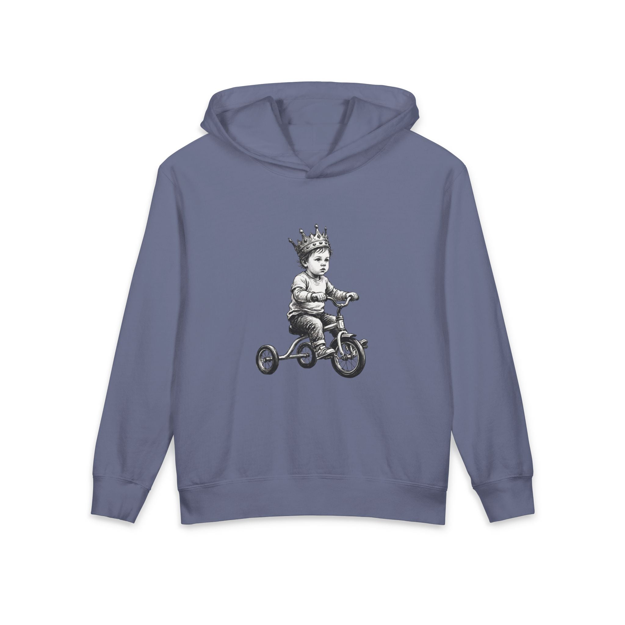 New Prince Youth Hoodie — Crowned Kid Tricycle Graphic, styled photo 1