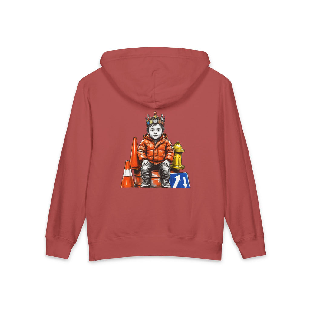 New Prince Youth Hoodie — Crowned Kid Tricycle Graphic, styled photo 10