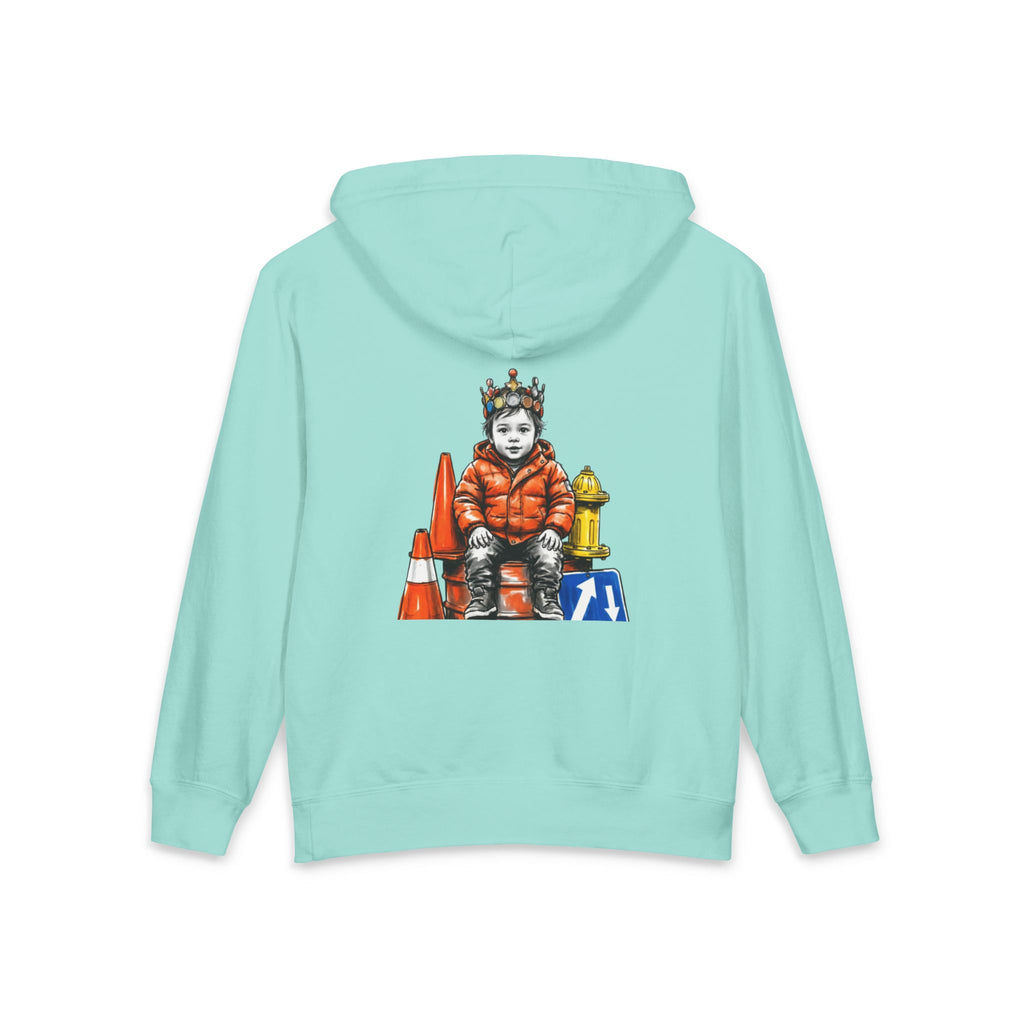 New Prince Youth Hoodie — Crowned Kid Tricycle Graphic, styled photo 7