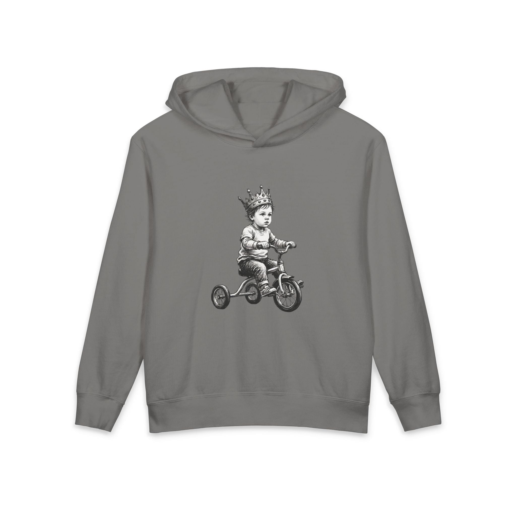 New Prince Youth Hoodie — Crowned Kid Tricycle Graphic, side view