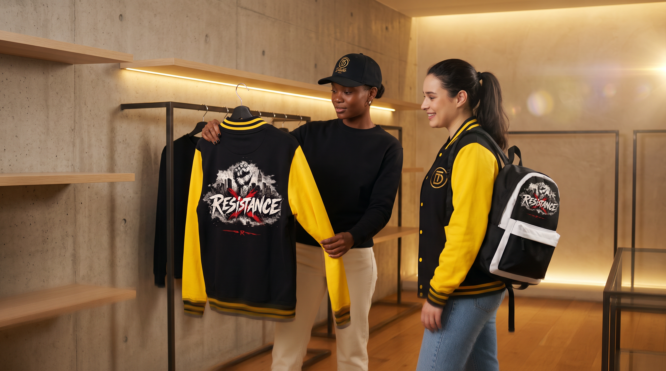 Resistance Varsity Jacket — cinematic lifestyle shot, view 1